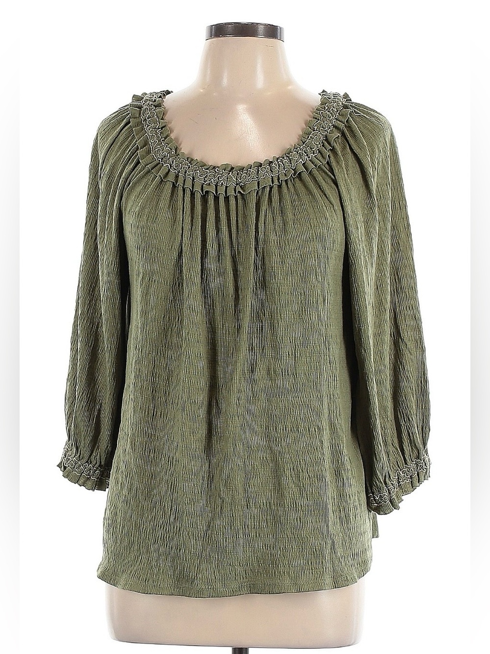 Olive Green Blouse with Off the Shoulder Styling